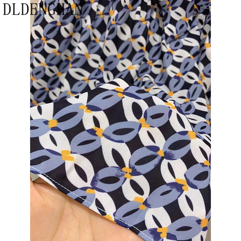 

DLDENGHAN Designer High Street Print Dress For Women Lace Up Turn-Down Collar Half Sleeve Single Breasted Dresses Summer New