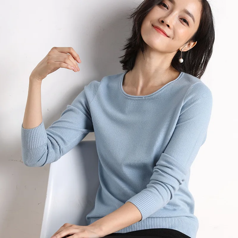 Топ женский на весну и осень 2019 новый свитер с круглым вырезом черное нижнее