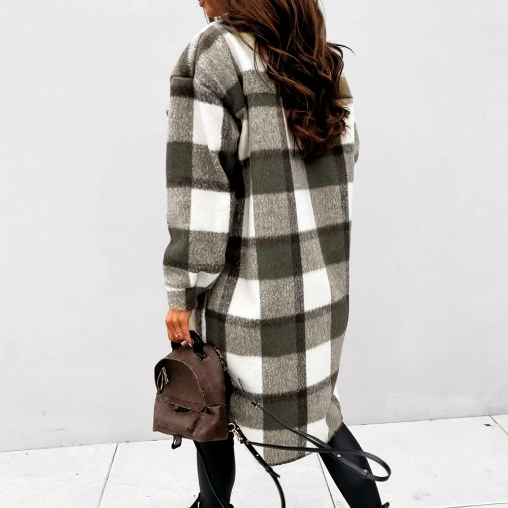 

2021 Winter Checked Women Jacket Down Overcoat Warm Plaid Long Coat Oversize Thick Woolen Blends Retro Female Casual Streetwear