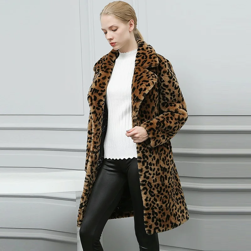 Зимняя теплая женская меховая куртка с леопардовым принтом большие размеры