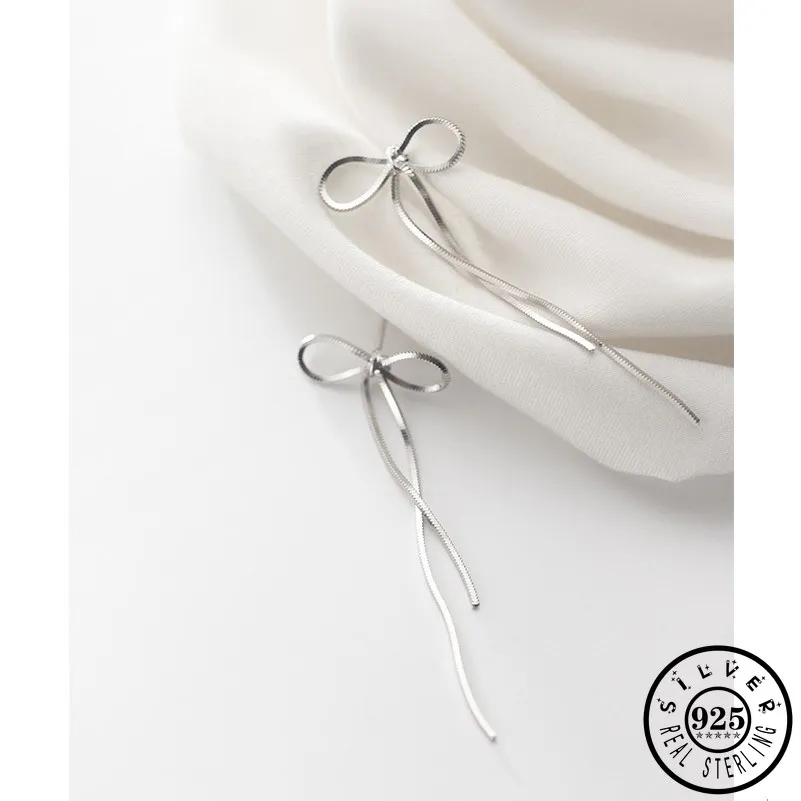 

925 Sterling Silver Bowknot Shape Earings Statement Long Tassel Dangle Drop Earrings Fine Jewelry for Women