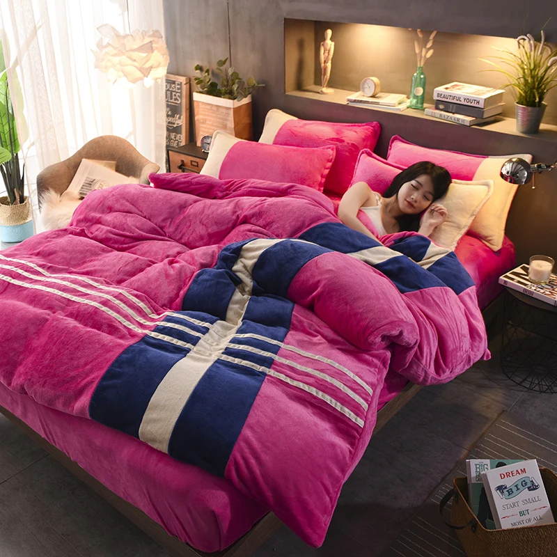 

2020 new sport style fleece bedding set winter flannel fleece duvet cover set thick heavy AB side stripe velvet bed linen warm