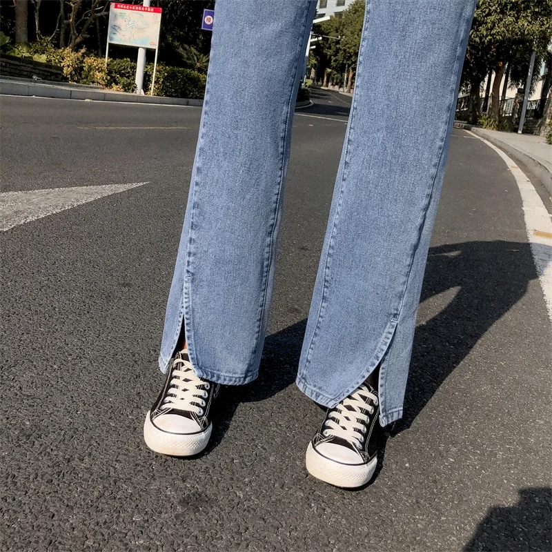 

Jeans for girls split slightly high waist 2021 New Spring straight loose slimming and wide leg horn trendy pants