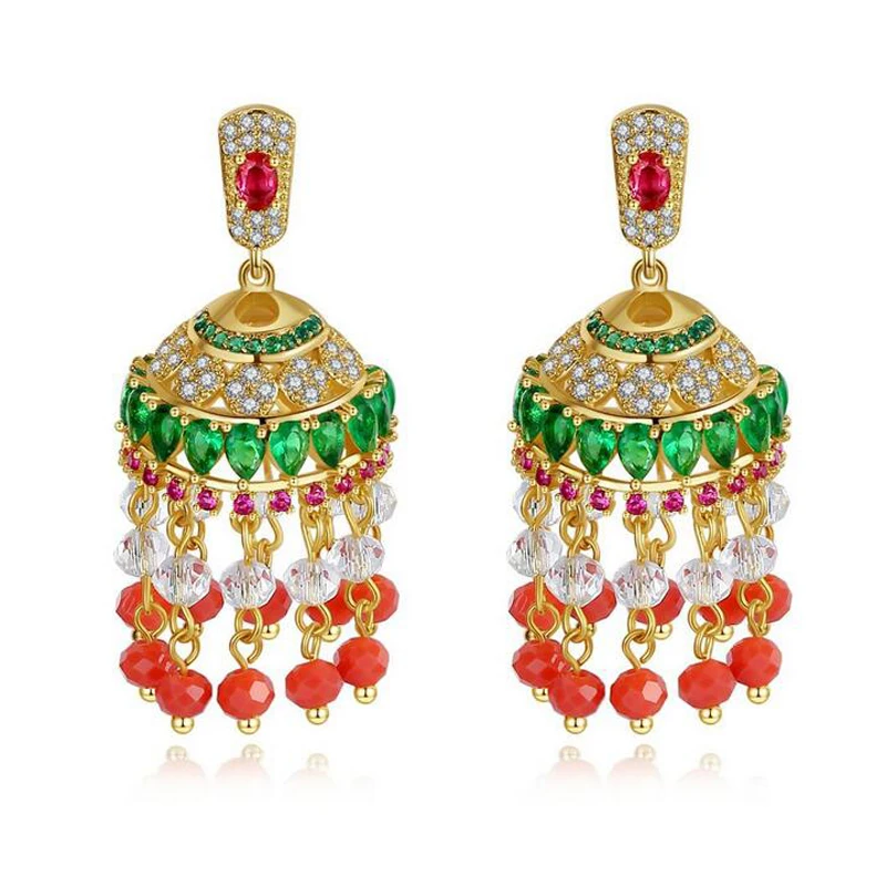 Индийские Jhumka этнические бусины кисточки висячие серьги женские Стразы Золотые
