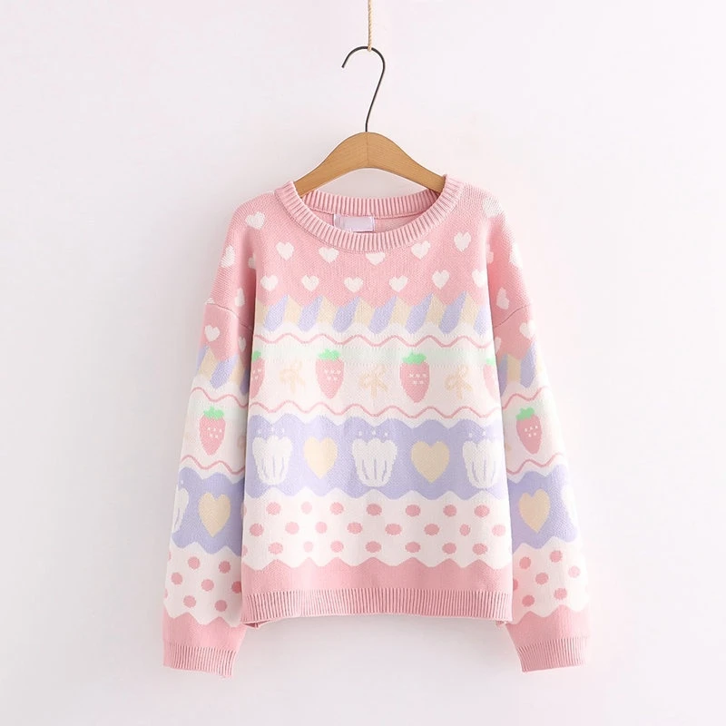 Strawberry Print Preppy Style O Neck Pullover Sweater Women Autumn Winter Japanese Kawaii Loose Knitted Jumper Female Cute Coat