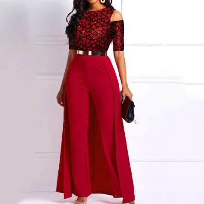 Red Bodycon Jumpsuits For Women Plus Size Black Lace Patchwork Half Sleeve High Waist Elegant Evening Party Dinner Night Clothes