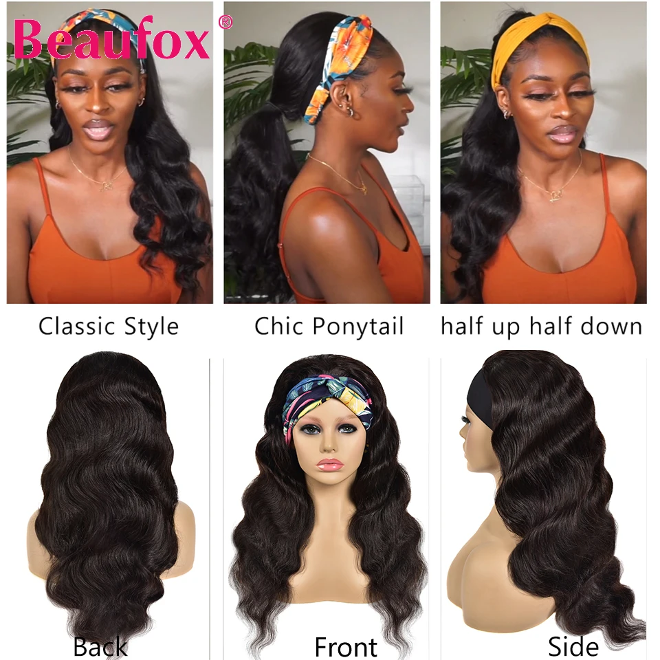 Beaufox Headband Wig Human Hair Wigs For Black Women Malaysian Body Wave Scarf Remy Glueless With | Шиньоны и парики
