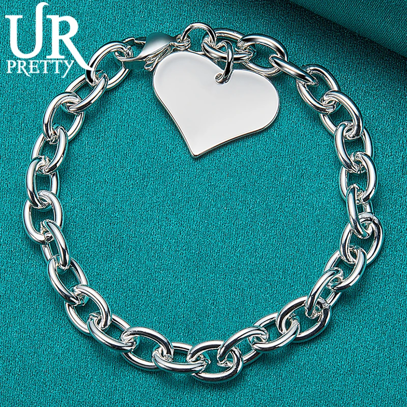 

URPRETTY 925 Sterling Silver Solid Heart Love Chain Bracelet For Man Women Wedding Engagement Charm Party Jewelry Gifts