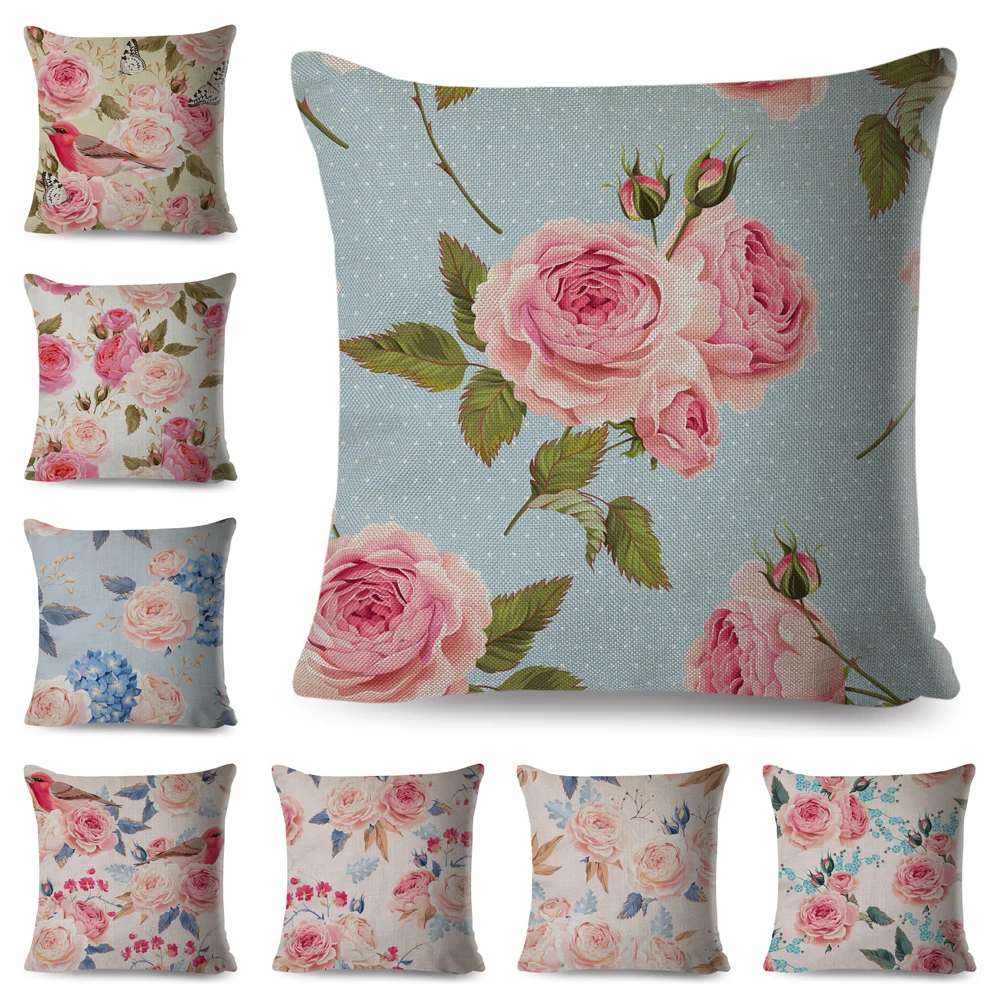 

Nordic Style Rose Flower and Birds Pillow Case Decor Floral Plant Animal Cushion Cover for Car Sofa Polyester Pillowcase 45*45cm