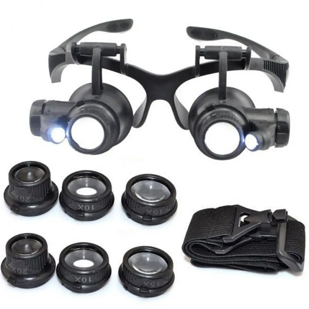 LED Head-Mounted Magnifier Double Eye Glasses Loupe Lens Jeweler Watch Repair Measurement With Lamp | Аксессуары для одежды