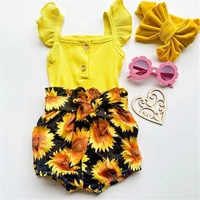 baby girl summer clothes set ribbed fly sleeve square collar button romper sunflower print shorts belt outfits