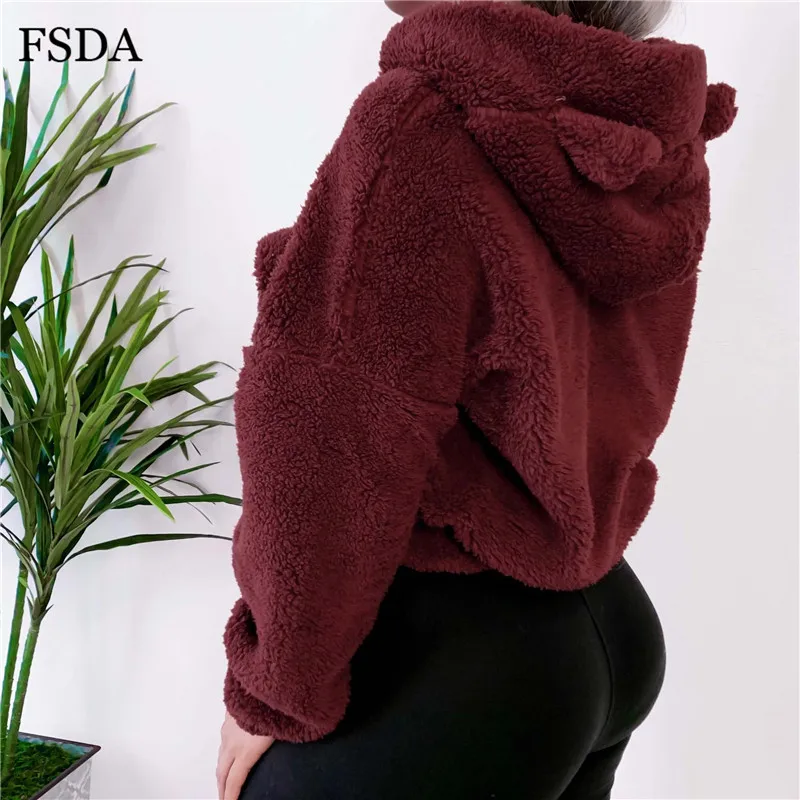 FSDA/женские толстовки с ушками медведя; флисовые плюшевые теплые пуловеры; сезон осень-зима; цвет черный, красный; милые повседневные короткие свитшоты с длинными рукавами