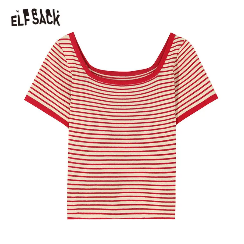 ELFSACK Red Striped Square Neck Casual T-Shirt Skinny Women Tops 2020 Spring Vintage White Short Sleeve Korean Ladies Basic Tee | Женская