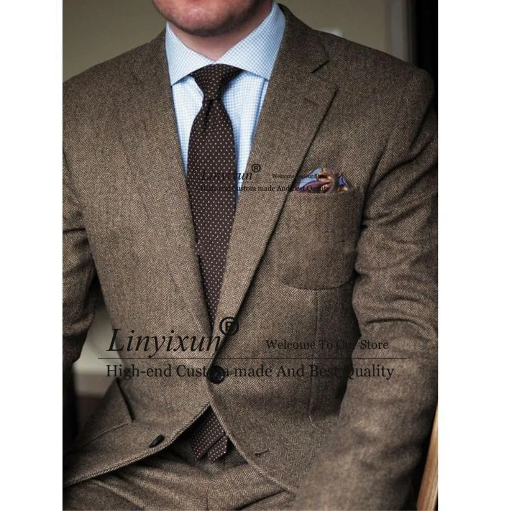 Костюм твидовый мужской из 2 предметов повседневный смокинг в елочку пиджак и