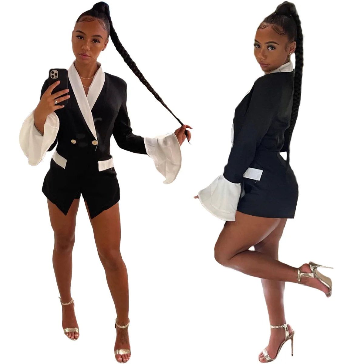 

2021 Spring And Autumn Small Suit Jacket Women's Clothing Solid Color Suit Collar Double-Breasted Stitching Trumpet Sleeves