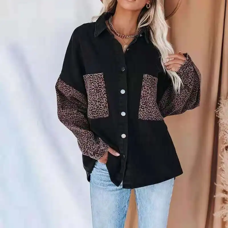 

Summer Ladies Shirt Casual Streetwear Thin Section Long Sleeve Pocket Leopard Print Stitching Denim Jacket Fashion Women Coat