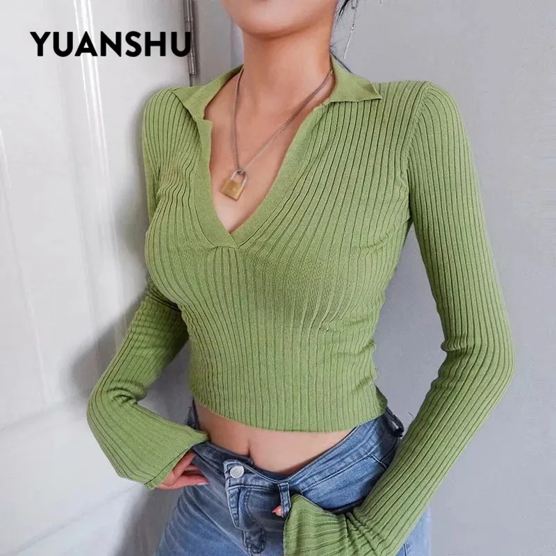 Женский укороченный свитер YUANSHU облегающий вязаный пуловер в полоску с глубоким