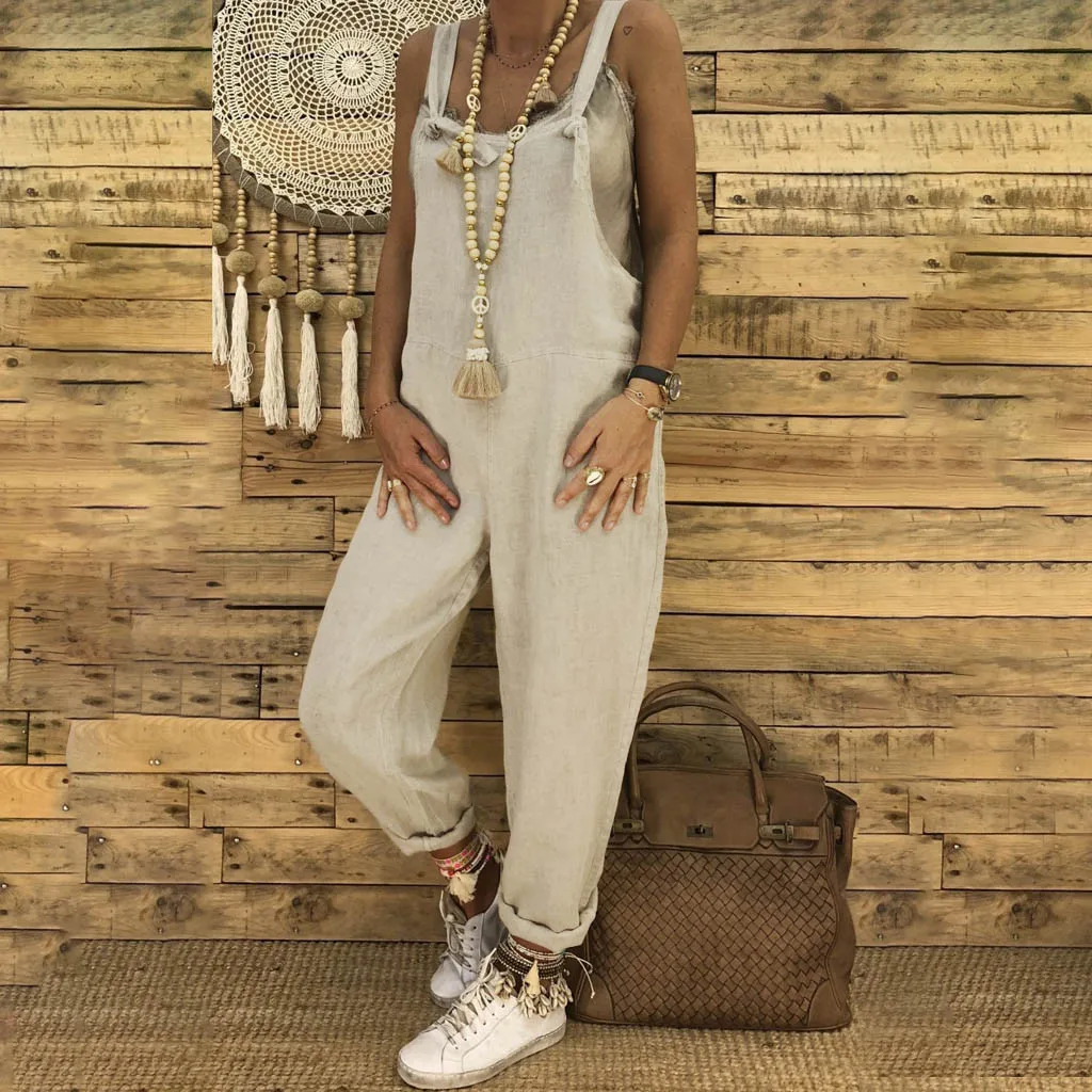 Комбинезон женский больших размеров модный летний комбинезон из льна в стиле кежуал с широким кроем цельнокроеный комбинезон однотонный.