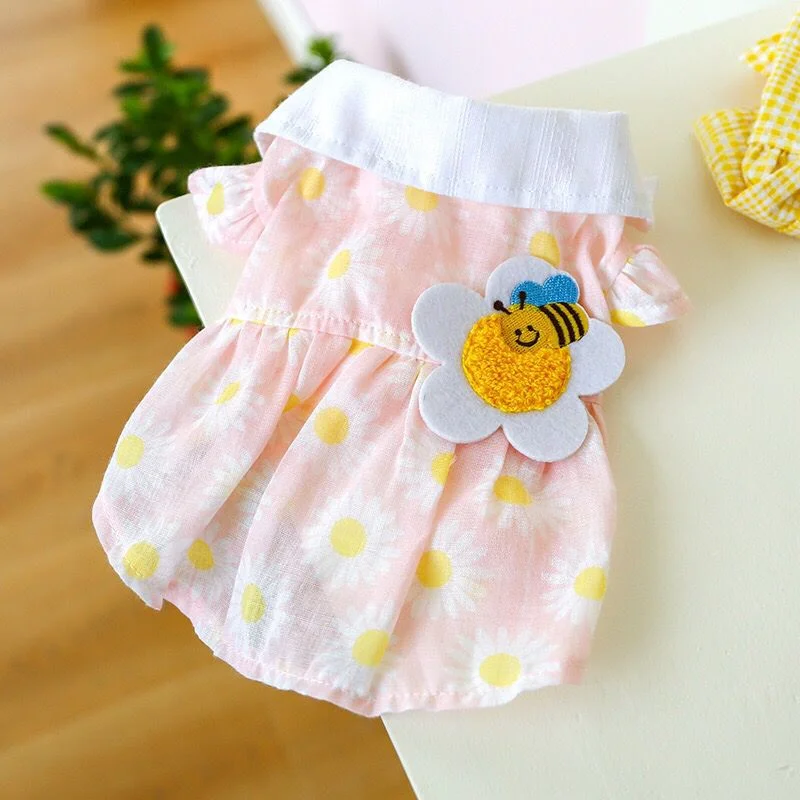 

Summer cute pet clothes dog cat clothes small fresh pink yellow bee sun flower skirt