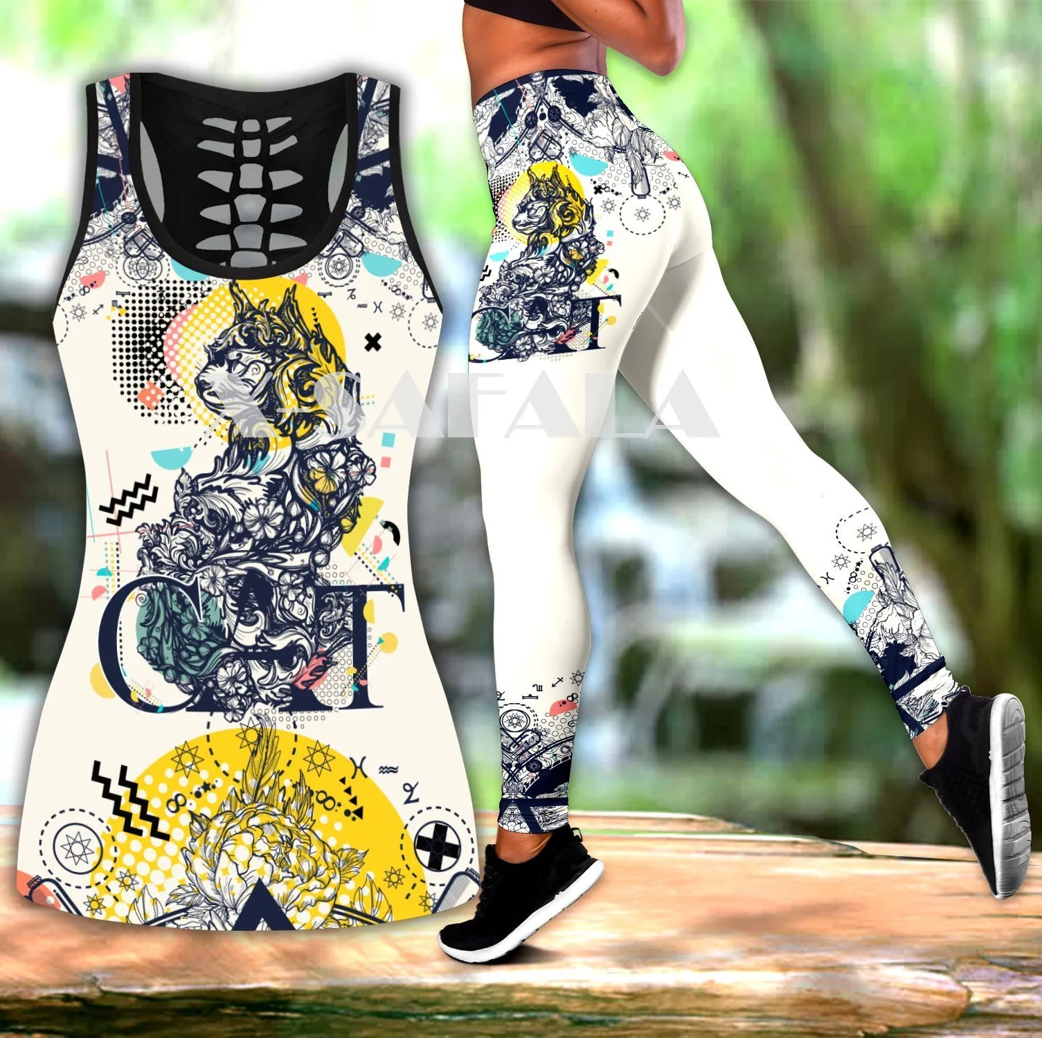 

Комплект для йоги из двух предметов с рисунком кошки и животных, женский жилет с 3D принтом, ажурная майка, леггинсы с высокой талией, летние повседневные спортивные