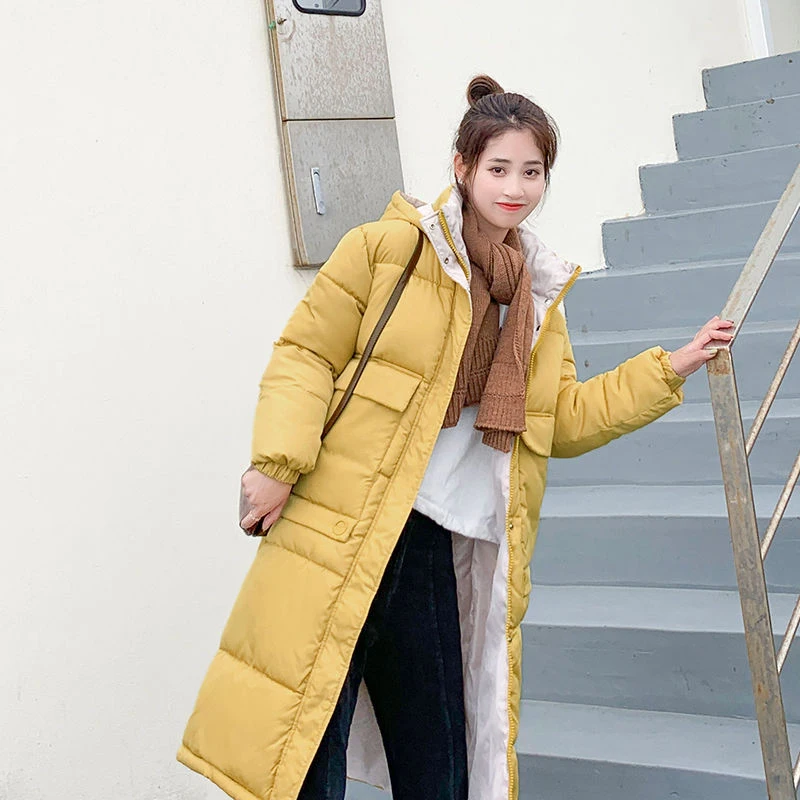 Женские теплые парки с капюшоном свободные длинные толстые пальто желтого цвета