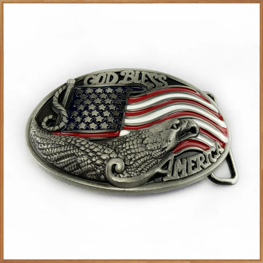 Оптовая продажа пряжек Buckleclub "Бог благословляет Америку" с орлом и флагом США для джинсов FP-03356, отделка - пьютер, для мужчин.