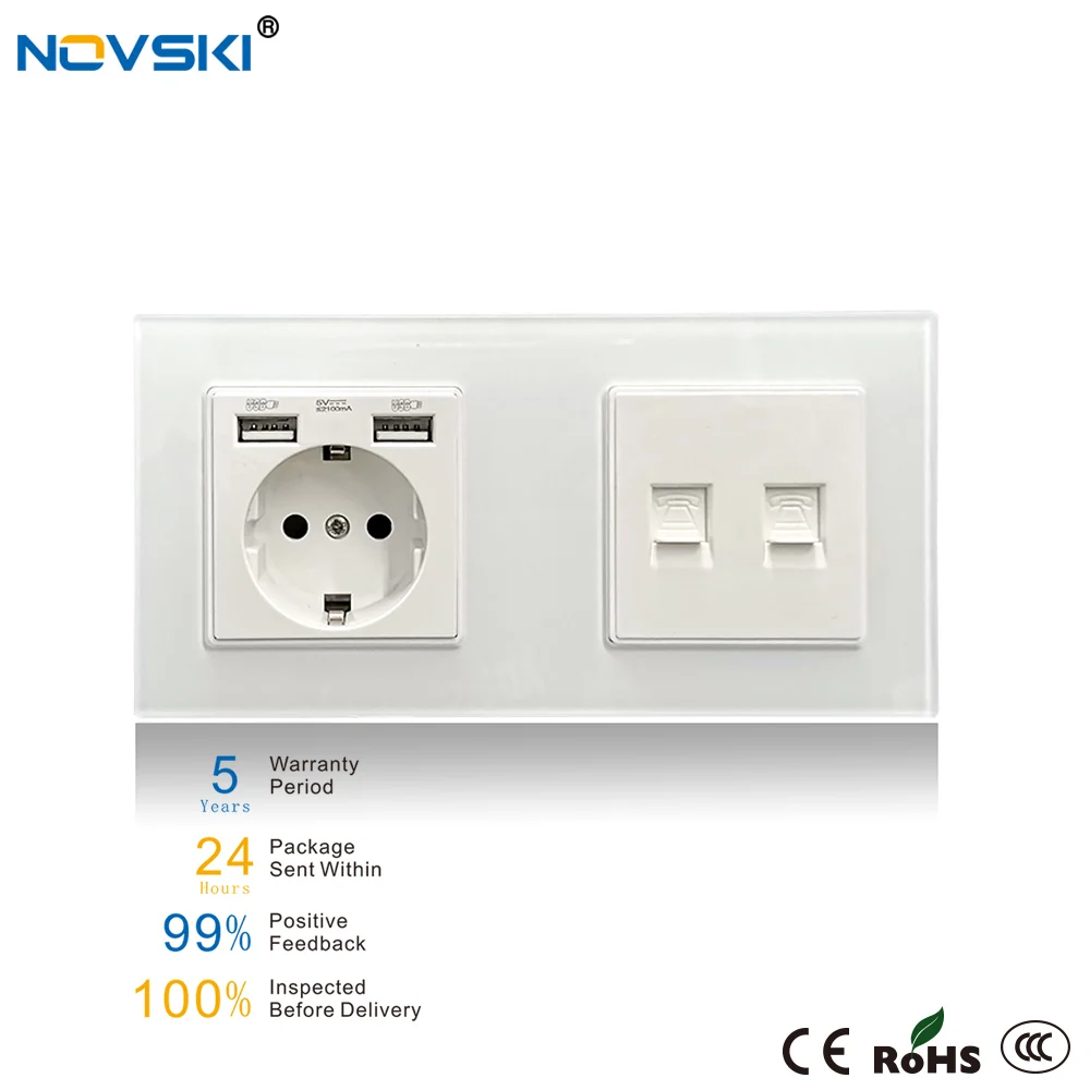 Немецкая электрическая розетка Schuko NOVSKI USB + двойная RJ11 для передачи данных