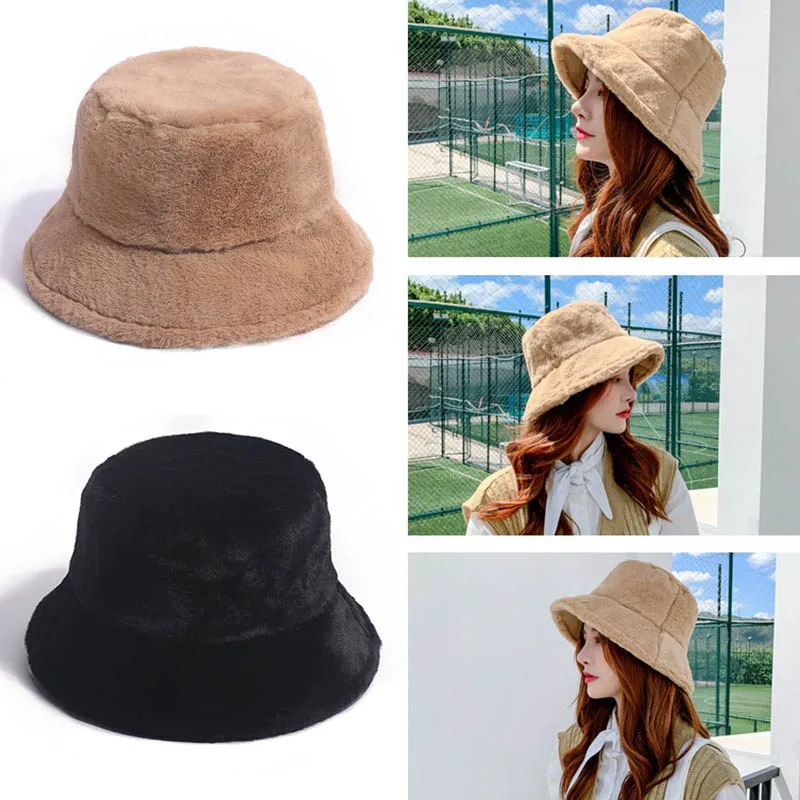 

Faux Rabbit Fur Bucket Hat Winter Warm Solid Velvet Hats for Women Lady Thicken Bob Panama Outdoor Fisherman Hat Caps 2021