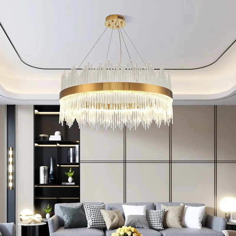 

Dining room with modern crystal round chandelier rectangular design kitchen island lighting fixture chrome LED crystal light 202
