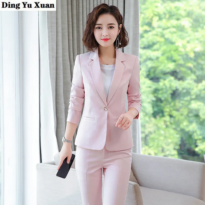 Модный розовый и зеленый брючный костюм для женщин деловой интервью блейзер с