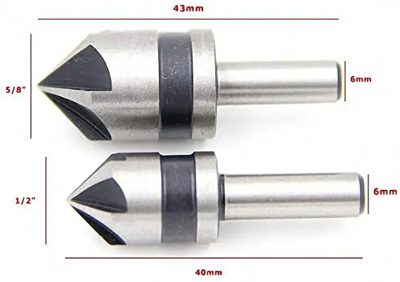 

2pcs/set 5 Flute Countersink Drill Bit HSS 82 Degree Point Angle Chamfer Cutter 1/4" Round Shank For Power Tool