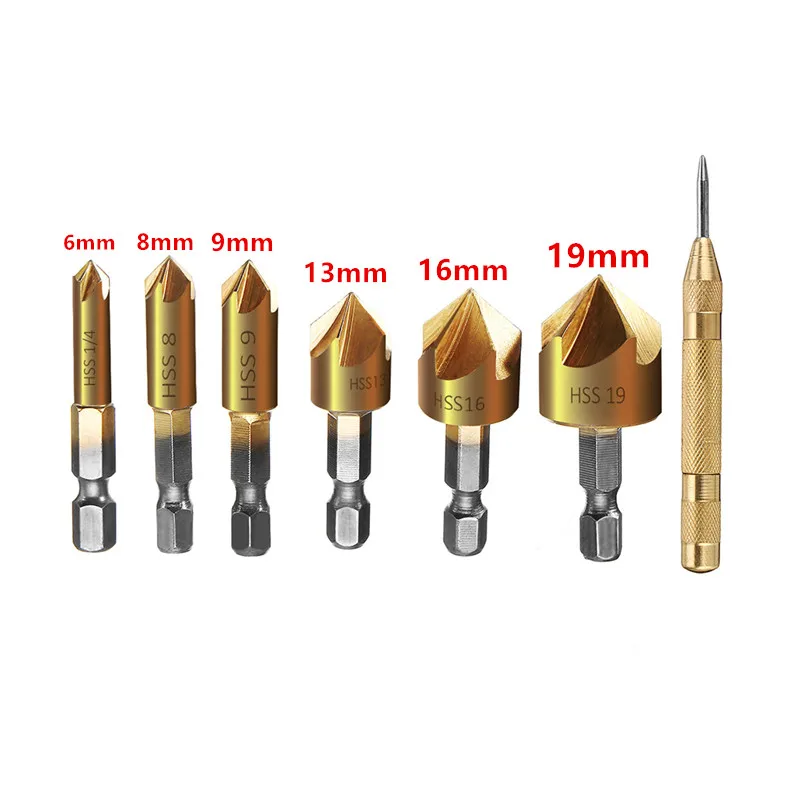 Сверло с зенкером 6-19 мм автоматическим кернером 5 канавками 1/4 дюйма шестигранный