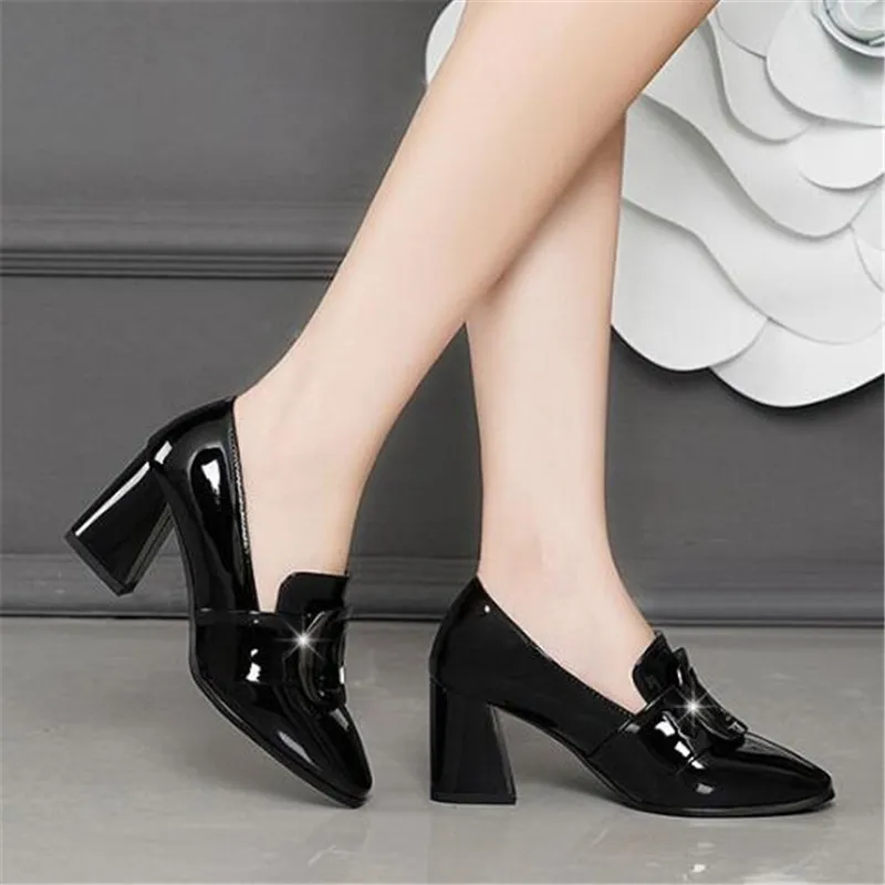 

Large size women's leather shoes spring pointed high heels womens fashion square buckle thick heel women fashion shoes loafers
