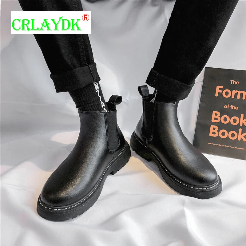 

CRLAYDK Slip-on Men's Smooth Leather Mid Low Top Boots Waterproof Outdoor Walking Shoes Casual Dress Ankle Anti Slip Booties