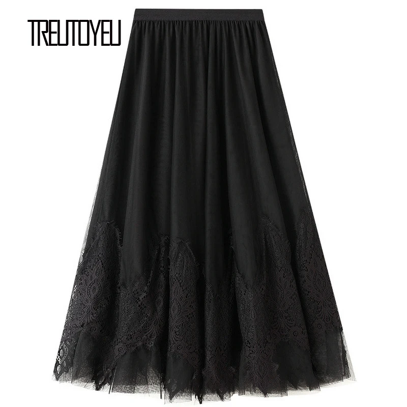 

Treutoyeu Vintage A Line Tulle Skirt Lace Appliques High Waist Casual Black Long Skirts for Women 2020 Fashion Faldas De Mujer