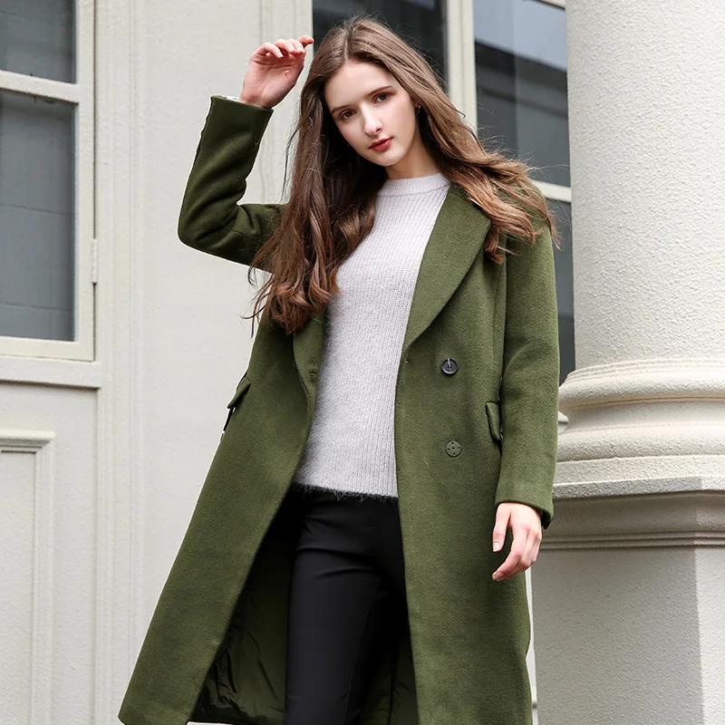 

Korean Wool Woman Winter Coats and Jackets Long Sleeve Trench Coat for Women Green Office Lady Vintage Woolen Coat