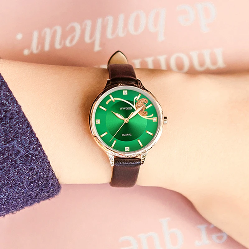 

WWOOR Luxury Casual Women Watches Butterfly Green Dial Ladies Watch Waterproof Black Leather Ladies Bracelet Watches Reloj Mujer