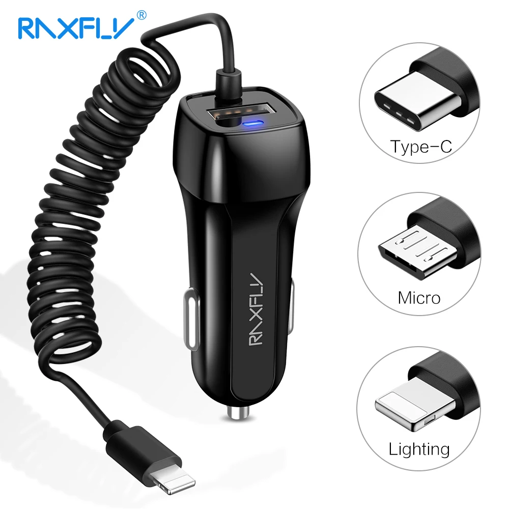 RAXFLY USB Автомобильное Зарядное устройство с микро Тип usb C кабель освещения автомобиль зарядки для iPhone X XR XSMax автомобильный адаптер USB автомобильная зарядка для Samsung S8 S9 автомобильное зарядное устройст