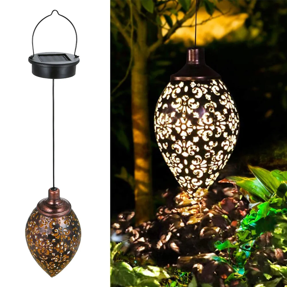 

2pcs Retro Outdoor Iron Art Party Backyards Waterproof Home Decor Olive Shape Lantern Porch Garden Led Hanging Solar Lights