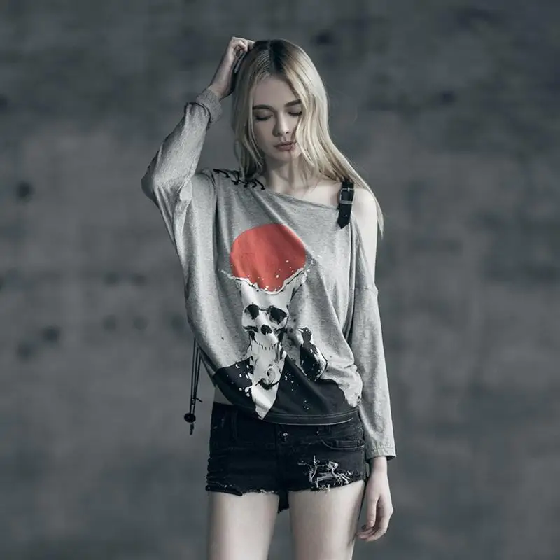 Женская футболка в стиле панк с принтом Goth Skull и полосками PT034|Футболки| |