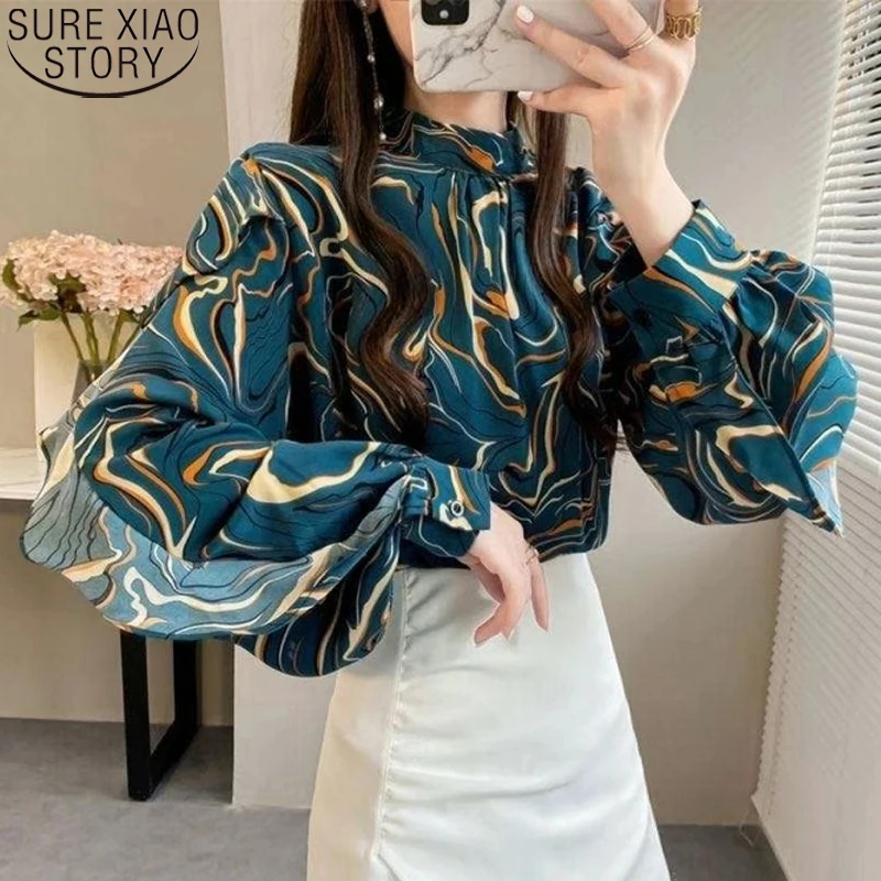 

Women Tops Sweet Ruffles Chiffon Shirts 2022 Spring Stand Collar Blouse Vintage Print Loose Lantern Sleeve Clothes Blusas 18338