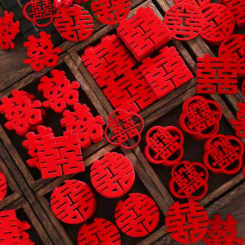 

120pc 5cm Mini Chinese Style Happy Wedding Fabric Red Double Happiness Love Heart Sticker DIY Confetti Marriage Room Decorations
