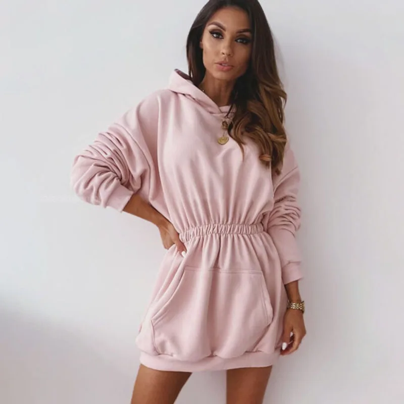 Женское длинное платье с капюшоном повседневное мини-платье длинным рукавом и