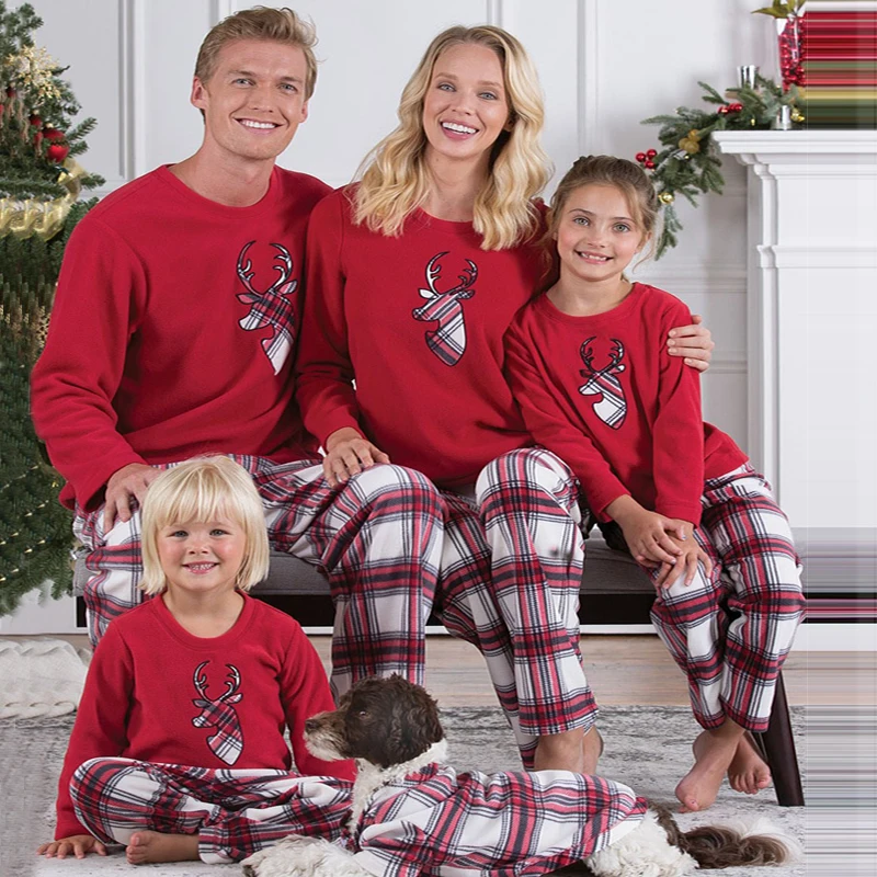 

2020 Parent-child Outfit Plaid Long-sleeved Trousers Mother And Daughter Christmas Elk Family Matching Clothes Animal Print Suit