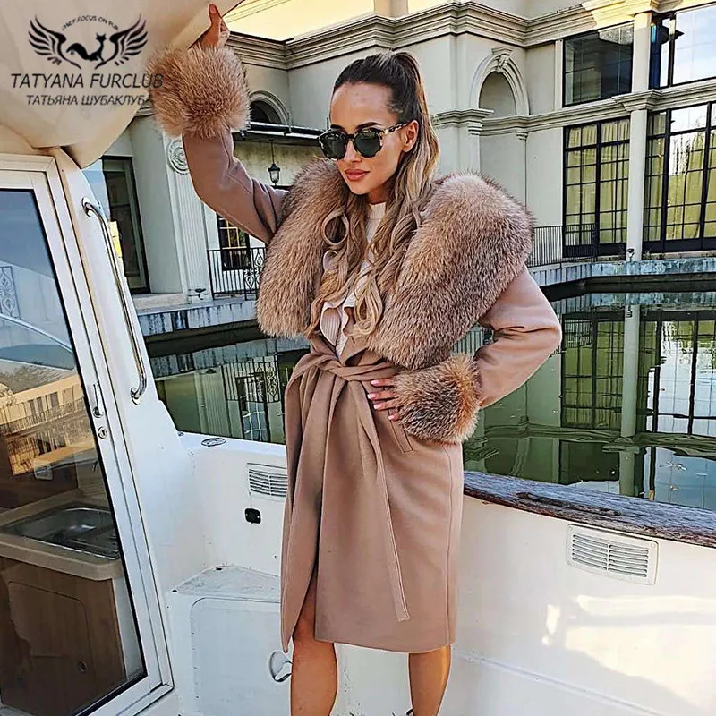 90cm Long Real Gold Island Fox Fur Cashmere Coats Fashion Winter 2022 New Women Overcoats Natural Fox Fur Wool Blend Coat Female