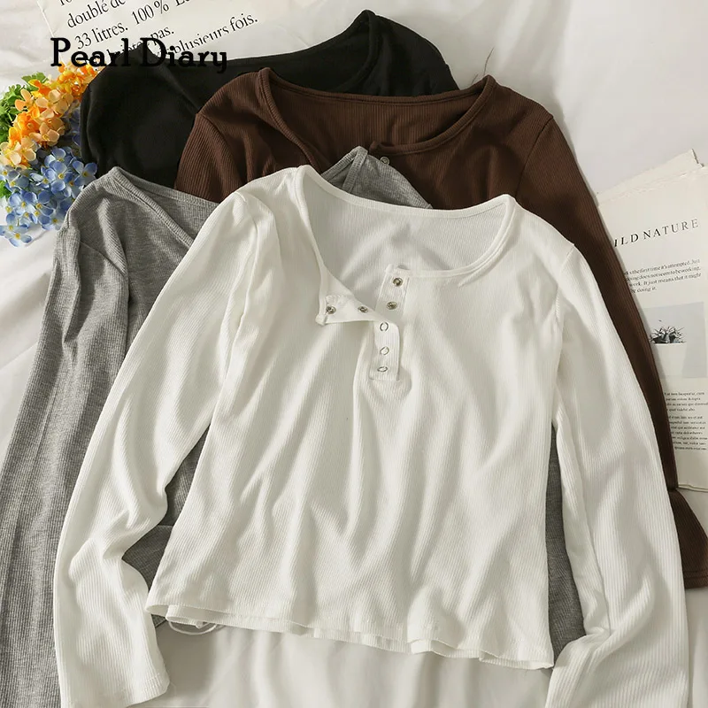 

Pearl Diary Korean Style Woman Clothes Slim Show Thin Metal Buttons Solid Color Collocation Long-Sleeve T-Shirt Top Women