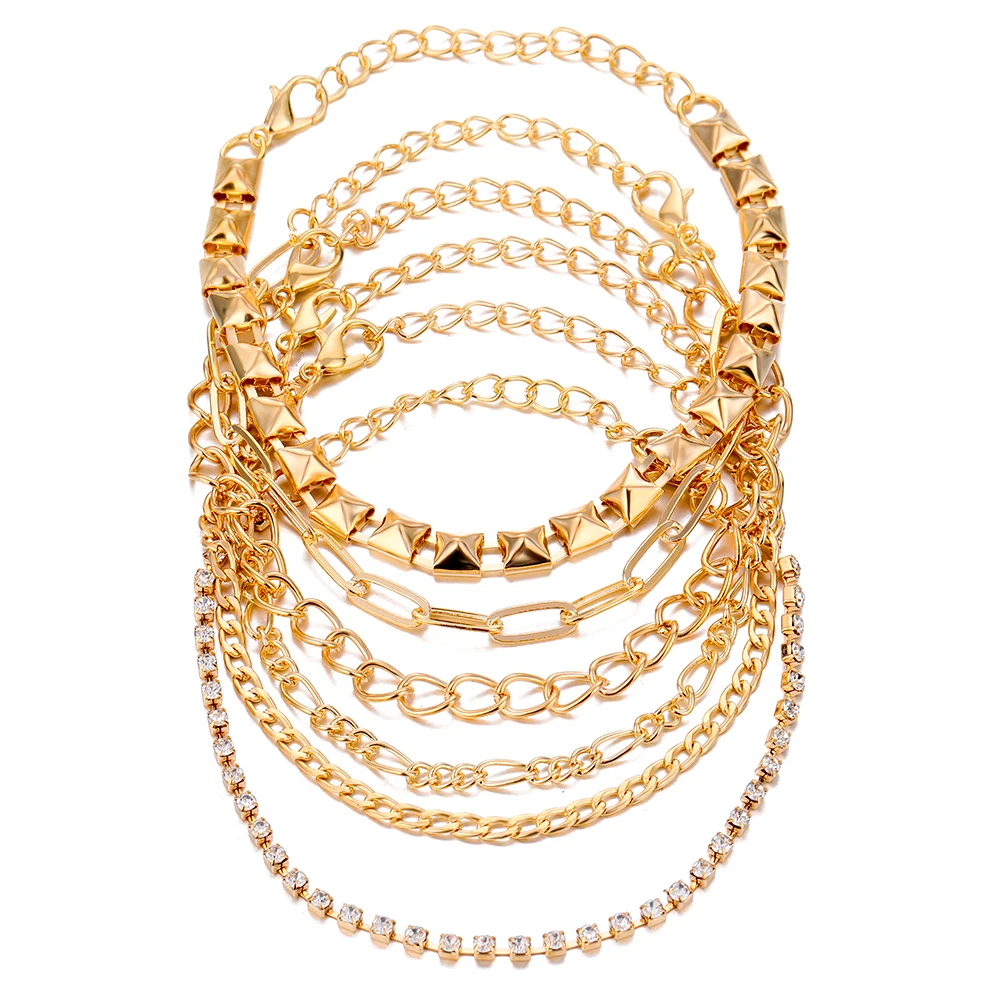 

EN Fashion Crystal Link Chain Bracelet Gold Color Women Girls Jewelry 6pcs/Set Punk Metal Layered Bracelets Trend Party Gift
