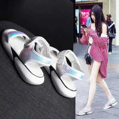 Сандалии женские с пайетками универсальные туфли на толстой подошве сетчатые