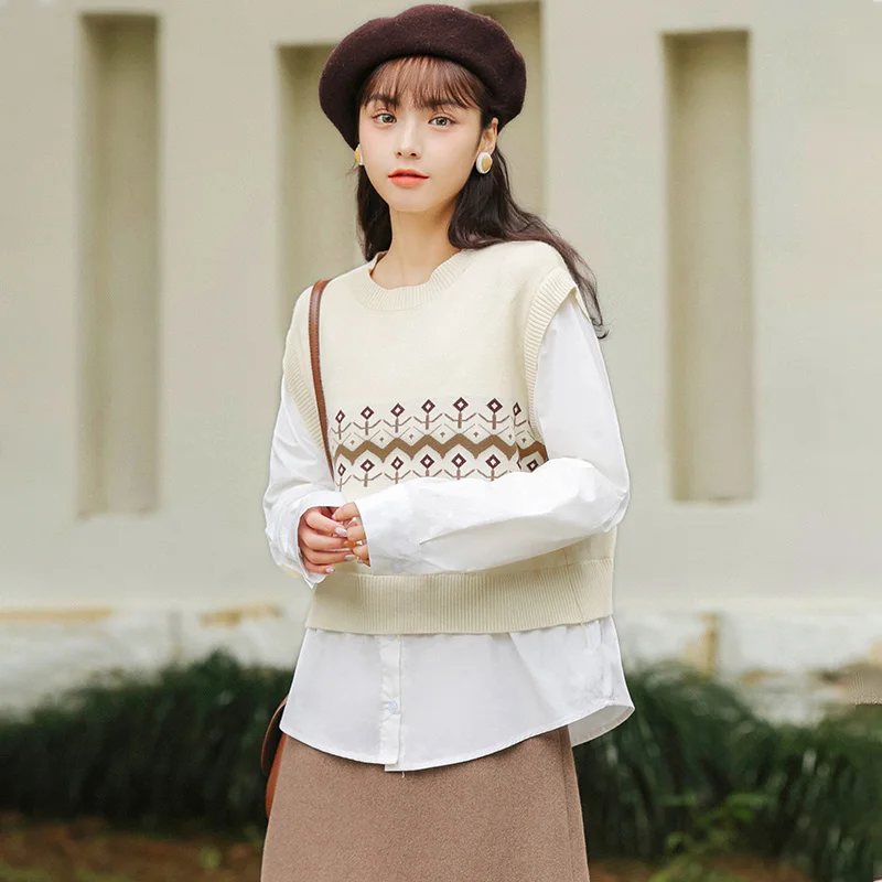 

Chic Khaki 2021 New Spring and Autumn College Style Knitwear Vest Women's Loose False Two Pieces Long Sleeves Outerwear Top