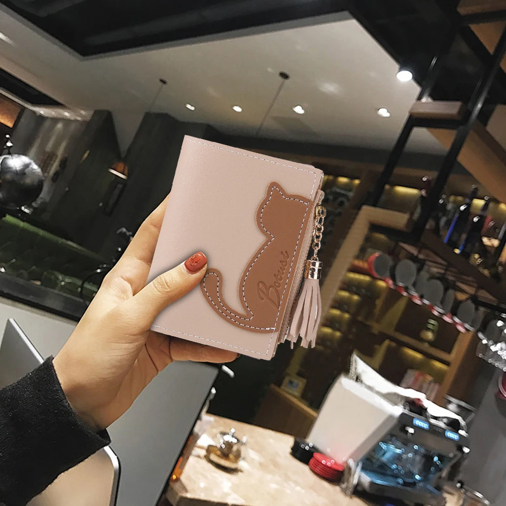 

Mini Short Bifold Purse Small Short Purse Coin Bag Ladies Cute Cat Cartoon Tassel Leather Wallet Zipper Card Holder Girls Clutch